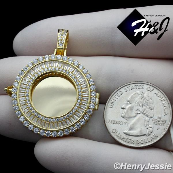 MEN WOMEN 925 STERLING SILVER ICY DIAMOND GOLD PHOTO LOCKET ROUND PENDANT*GP317