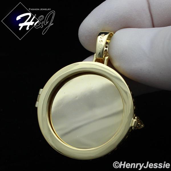 MEN WOMEN 925 STERLING SILVER ICY DIAMOND GOLD PHOTO LOCKET ROUND PENDANT*GP317