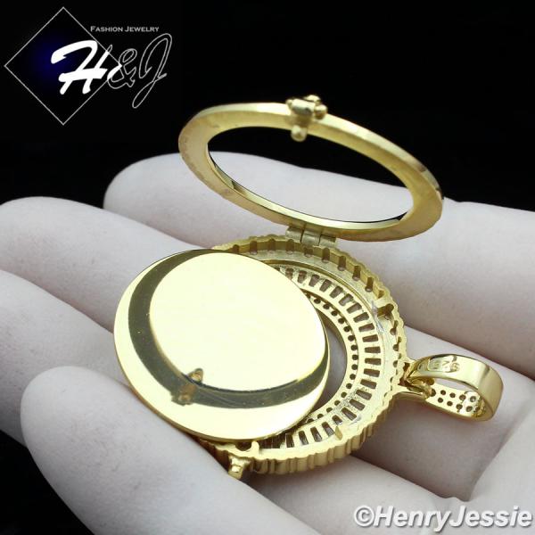 MEN WOMEN 925 STERLING SILVER ICY DIAMOND GOLD PHOTO LOCKET ROUND PENDANT*GP317
