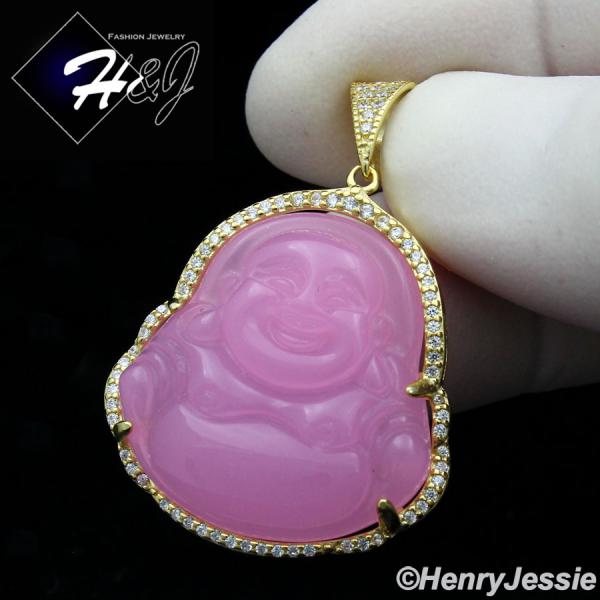 WOMEN 925 STERLING SILVER ICY DIAMOND PINK GEMSTONE BUDDHA GOLD CHARM PENDANT*GP236