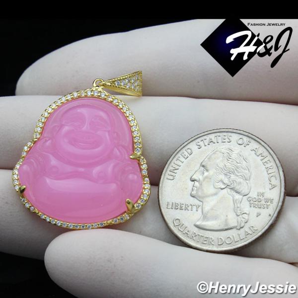 WOMEN 925 STERLING SILVER ICY DIAMOND PINK GEMSTONE BUDDHA GOLD CHARM PENDANT*GP236