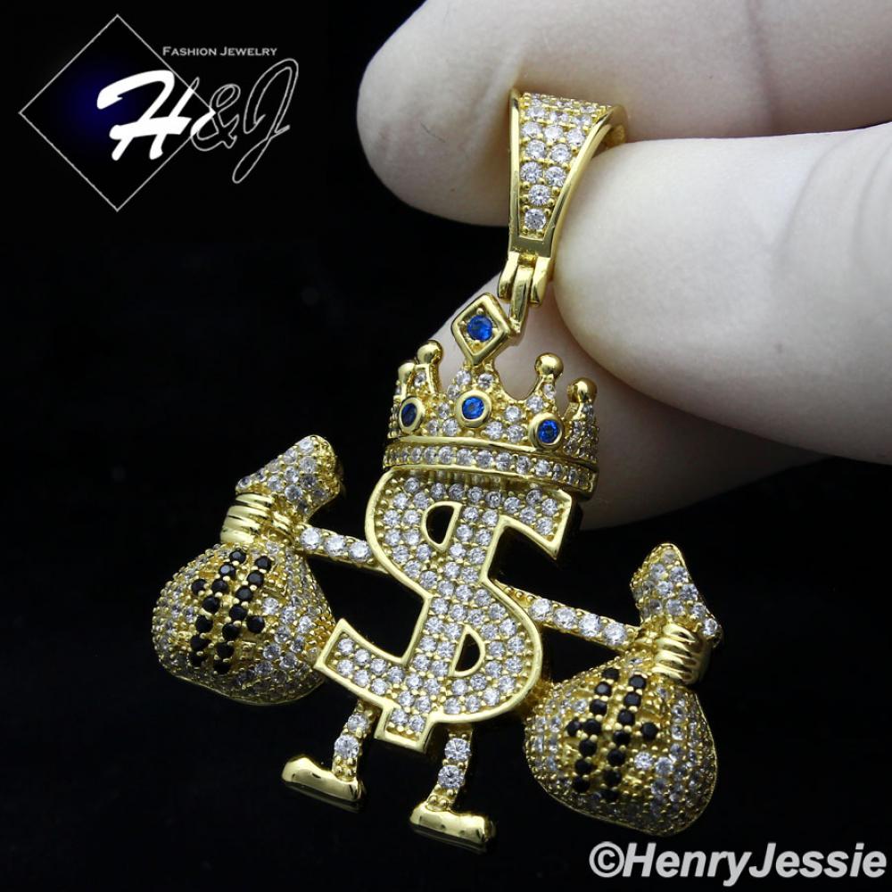 MEN 925 STERLING SILVER ICY DIAMOND CROWN $ SIGN MONEY BAG 3D GOLD CHARM PENDANT*GP320