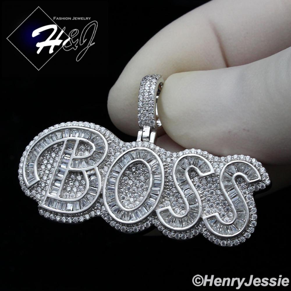 MEN WOMEN 925 STERLING SILVER ICY BAGUETTE DIAMOND "BOSS" LETTER PENDANT*SP323