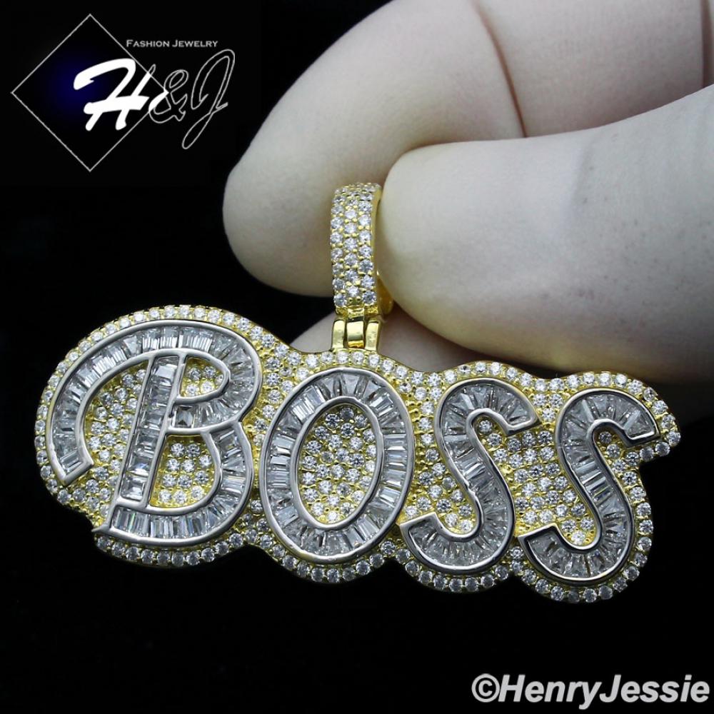 MEN WOMEN 925 STERLING SILVER ICY BAGUETTE DIAMOND GOLD "BOSS" LETTER PENDANT*GP323