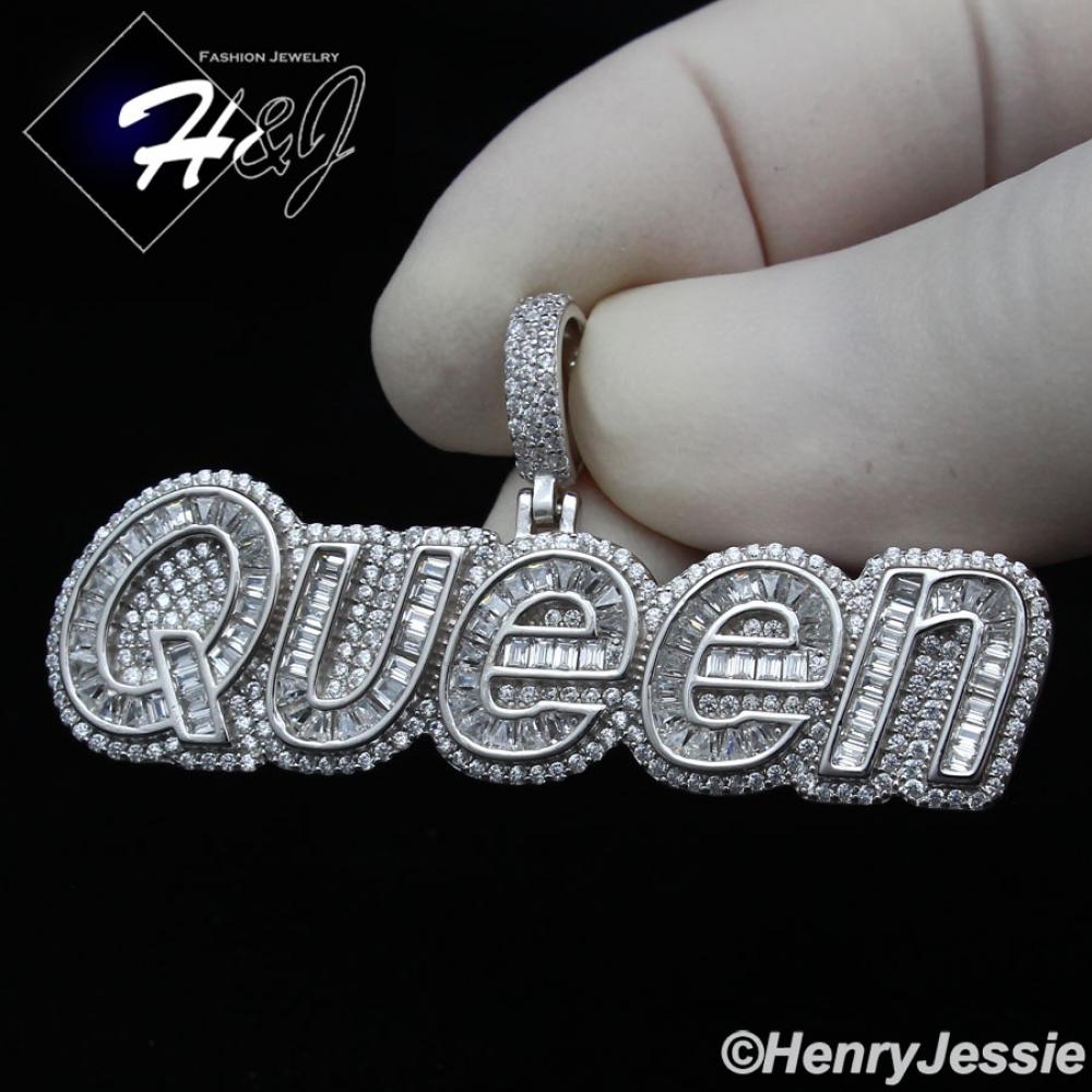 MEN 925 STERLING SILVER ICY BAGUETTE DIAMOND 3D SILVER "QUEEN" LETTER PENDANT*SP325