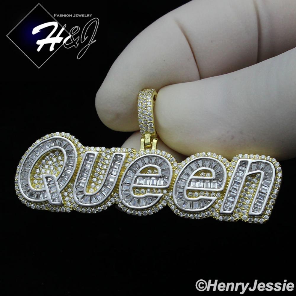 WOMEN 925 STERLING SILVER ICY BAGUETTE DIAMOND 3D GOLD "QUEEN" LETTER PENDANT*GP325