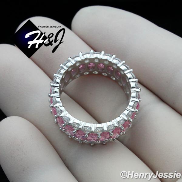 WOMEN 925 STERLING SILVER FULL ICY PINK DIAMOND 10MM BLING WEDDING BAND RING*SR154