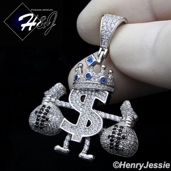 MEN 925 STERLING SILVER ICY DIAMOND CROWN $ SIGN MONEY BAG 3D CHARM PENDANT*SP320