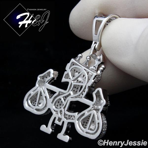 MEN 925 STERLING SILVER ICY DIAMOND CROWN $ SIGN MONEY BAG 3D CHARM PENDANT*SP320