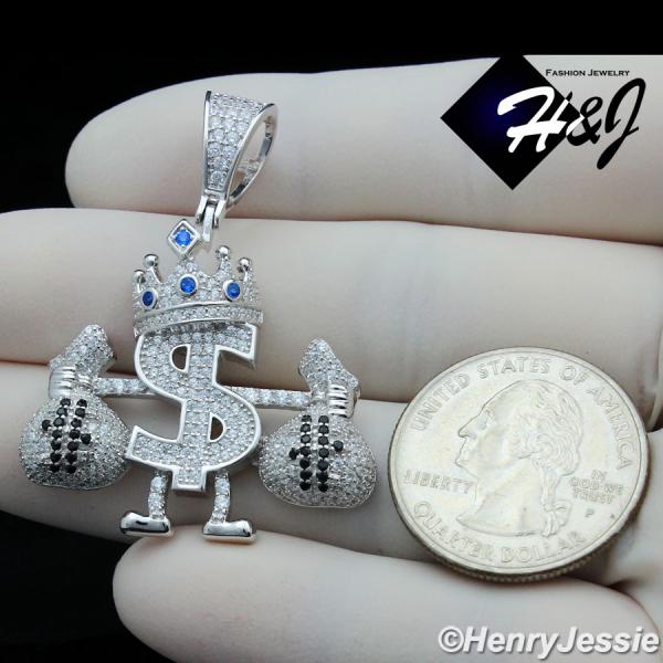 MEN 925 STERLING SILVER ICY DIAMOND CROWN $ SIGN MONEY BAG 3D CHARM PENDANT*SP320