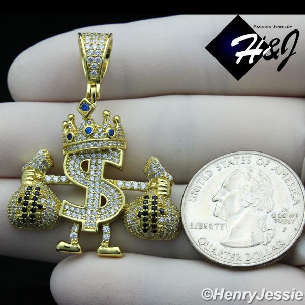 MEN 925 STERLING SILVER ICY DIAMOND CROWN $ SIGN MONEY BAG 3D GOLD CHARM PENDANT*GP320