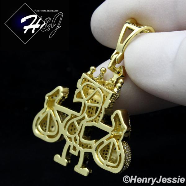 MEN 925 STERLING SILVER ICY DIAMOND CROWN $ SIGN MONEY BAG 3D GOLD CHARM PENDANT*GP320