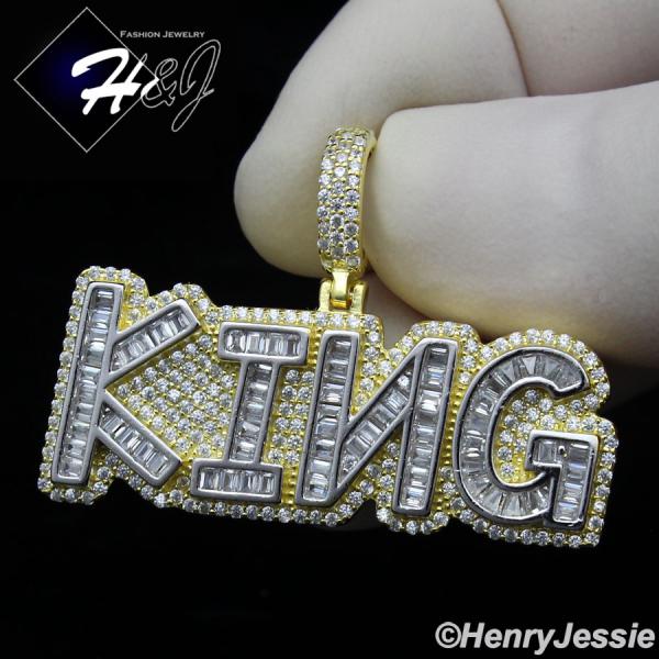 MEN 925 STERLING SILVER ICY BAGUETTE DIAMOND 3D GOLD "KING" LETTER PENDANT*GP324