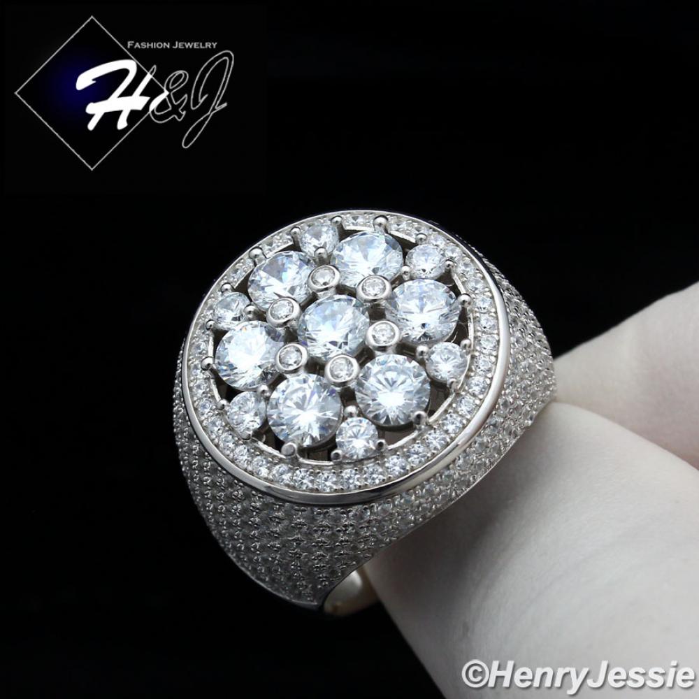 MEN 925 STERLING SILVER LAB DIAMOND ICED BLING ROUND BLING RING*SR157