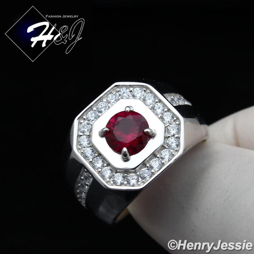 MEN 925 STERLING SILVER ICY DIAMOND ROUND RUBY GEMSTONE BLING RING*SR158