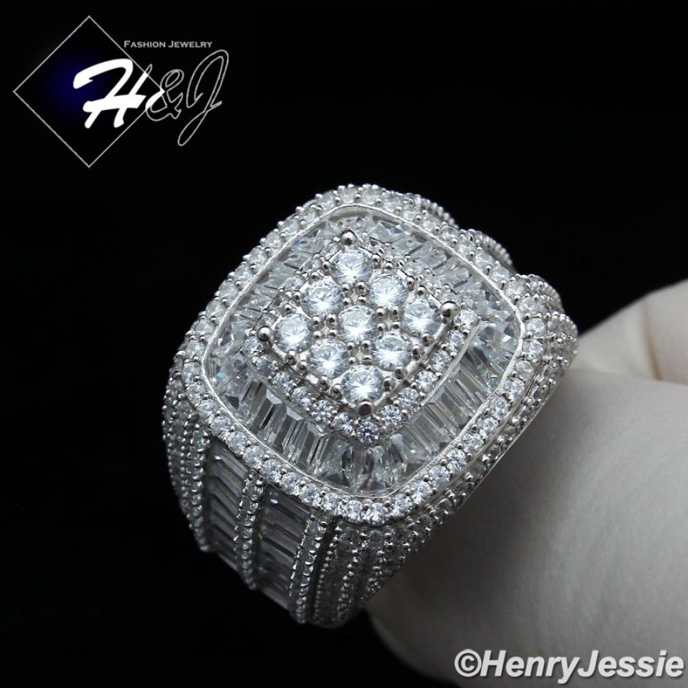 MEN 925 STERLING SILVER ICY BAGUETTE DIAMOND BLING 3D SQUARE RING*SR159