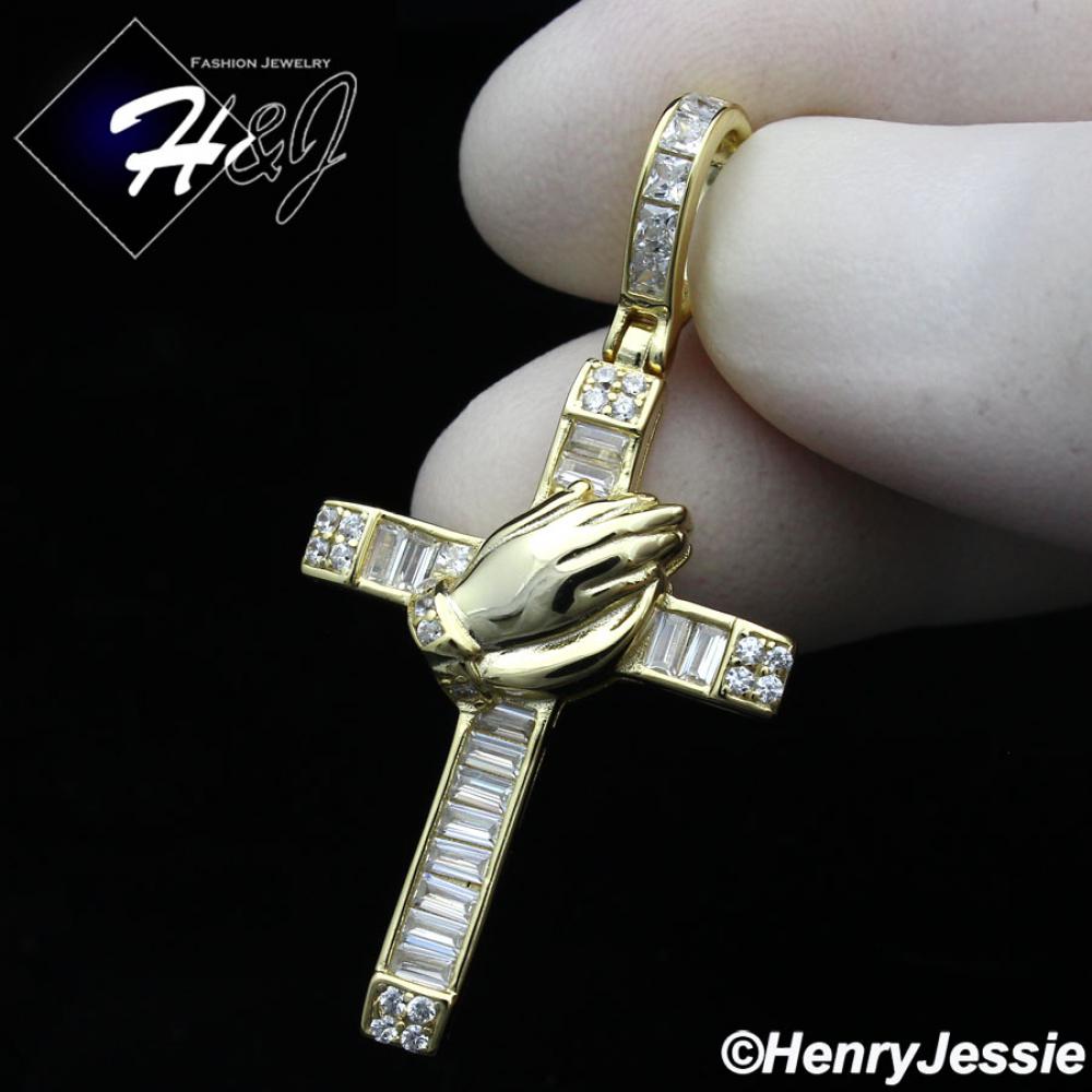 MEN WOMEN 925 STERLING SILVER ICY BAGUETTE DIAMOND 3D GOLD PRAYING HANDS CROSS PENDANT*GP335