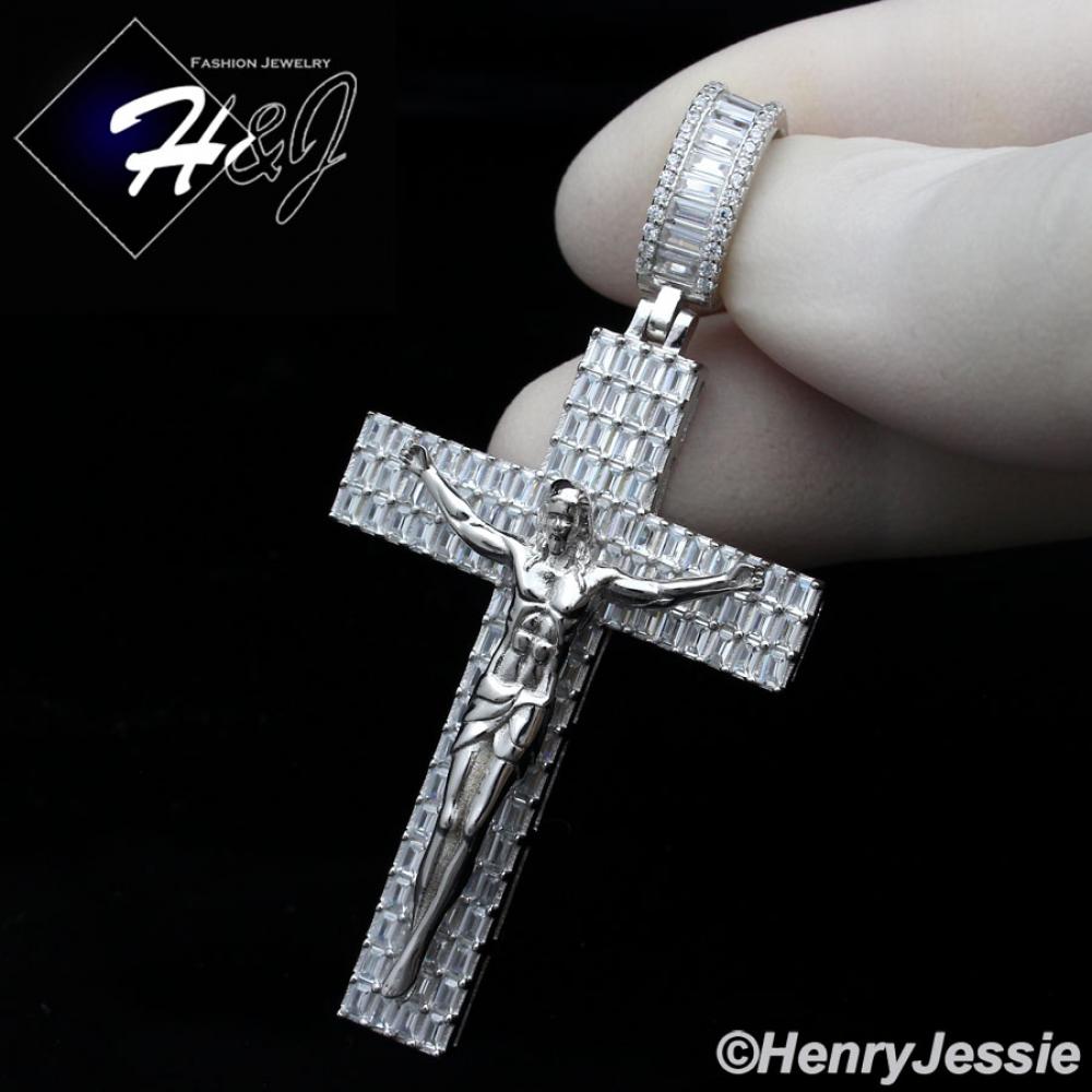 MEN 925 STERLING SILVER ICY BAGUETTE DIAMOND SILVER 3D JESUS CROSS CHARM PENDANT*SP336