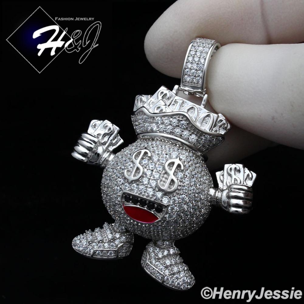 MEN 925 STERLING SILVER ICY DIAMOND 3D "GRABBING HANDS MONEY BAG" PENDANT*SP337