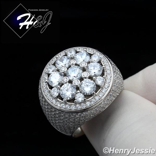 MEN 925 STERLING SILVER LAB DIAMOND ICED BLING ROUND BLING RING*SR157