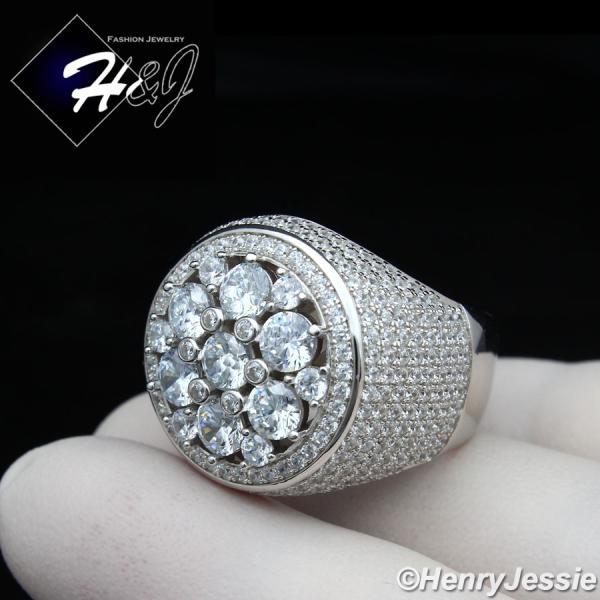 MEN 925 STERLING SILVER LAB DIAMOND ICED BLING ROUND BLING RING*SR157