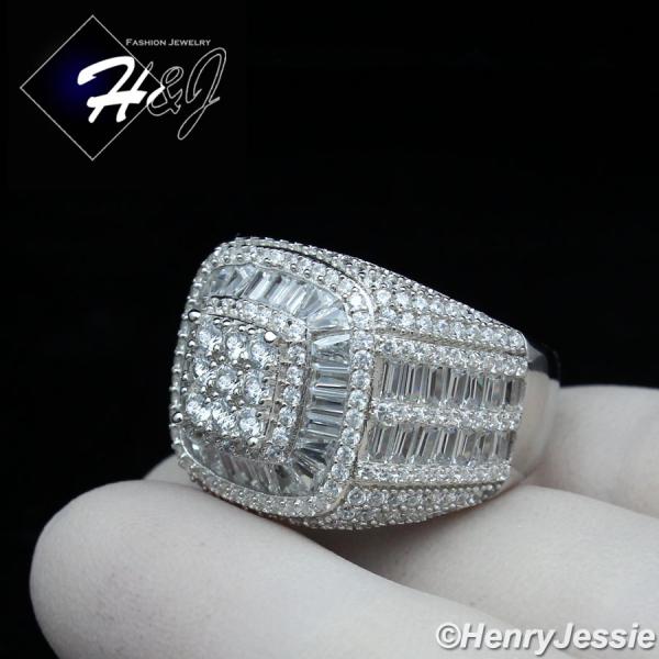 MEN 925 STERLING SILVER ICY BAGUETTE DIAMOND BLING 3D SQUARE RING*SR159
