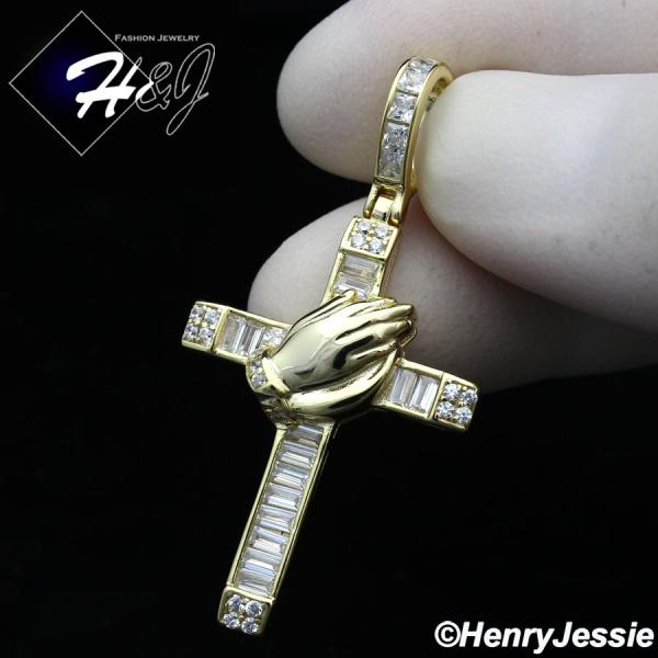 MEN WOMEN 925 STERLING SILVER ICY BAGUETTE DIAMOND 3D GOLD PRAYING HANDS CROSS PENDANT*GP335