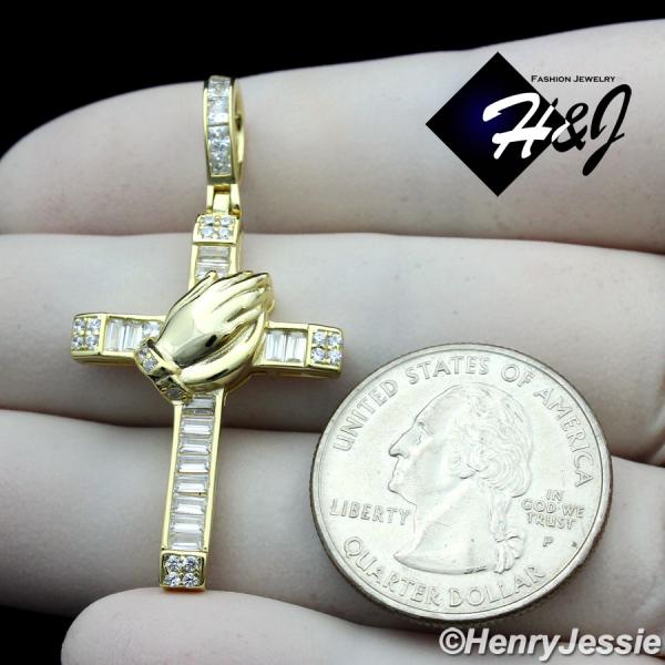 MEN WOMEN 925 STERLING SILVER ICY BAGUETTE DIAMOND 3D GOLD PRAYING HANDS CROSS PENDANT*GP335