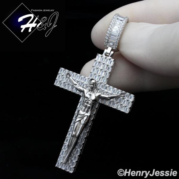 MEN 925 STERLING SILVER ICY BAGUETTE DIAMOND SILVER 3D JESUS CROSS CHARM PENDANT*SP336