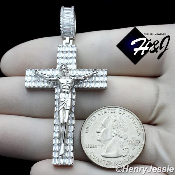 MEN 925 STERLING SILVER ICY BAGUETTE DIAMOND SILVER 3D JESUS CROSS CHARM PENDANT*SP336
