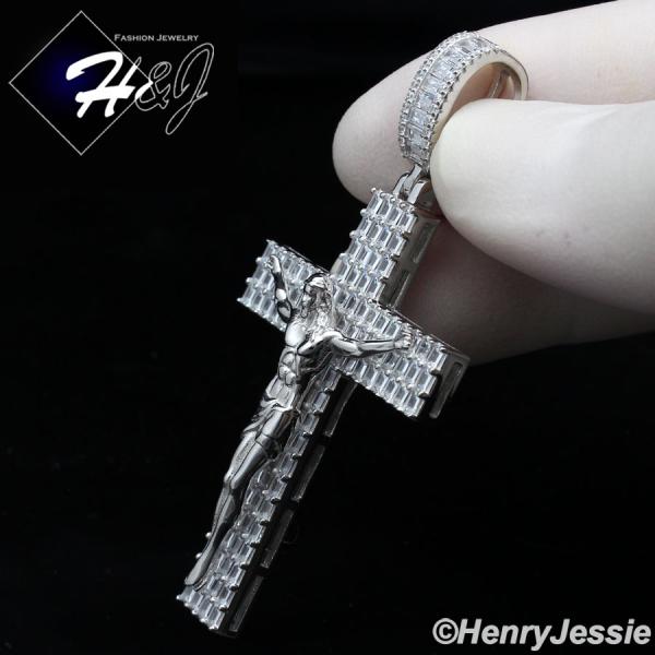 MEN 925 STERLING SILVER ICY BAGUETTE DIAMOND SILVER 3D JESUS CROSS CHARM PENDANT*SP336