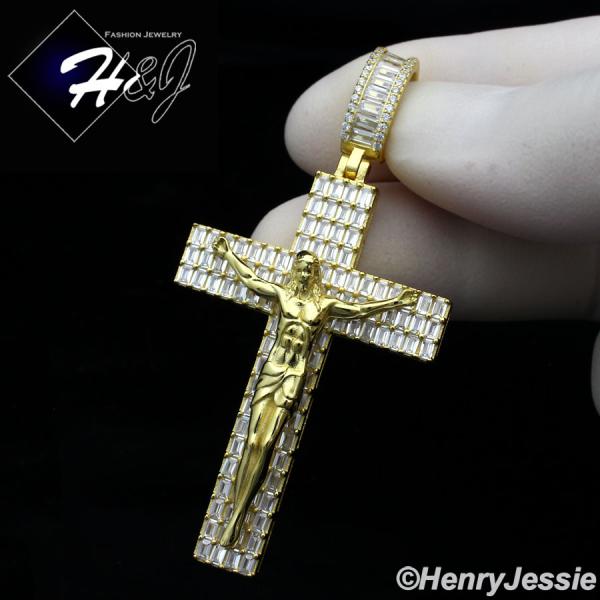 MEN 925 STERLING SILVER ICY BAGUETTE DIAMOND GOLD 3D JESUS CROSS CHARM PENDANT*GP336