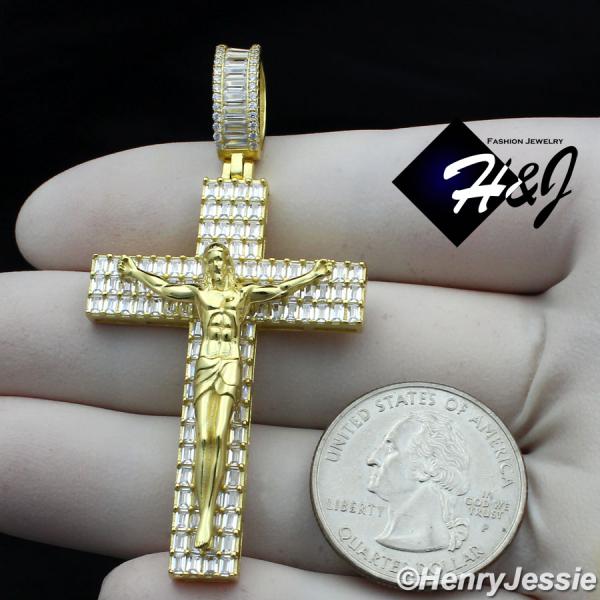 MEN 925 STERLING SILVER ICY BAGUETTE DIAMOND GOLD 3D JESUS CROSS CHARM PENDANT*GP336