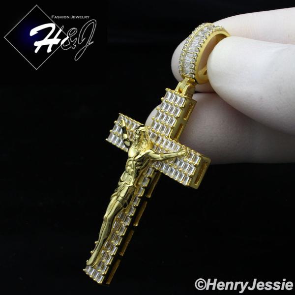 MEN 925 STERLING SILVER ICY BAGUETTE DIAMOND GOLD 3D JESUS CROSS CHARM PENDANT*GP336