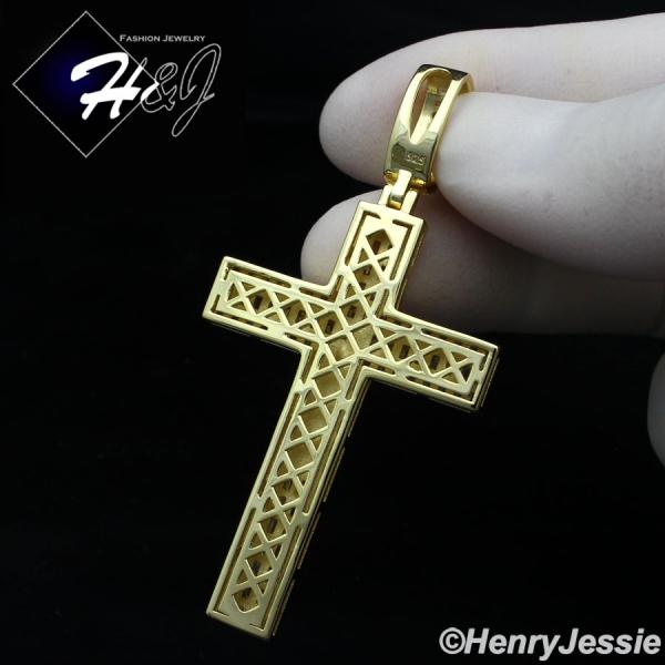MEN 925 STERLING SILVER ICY BAGUETTE DIAMOND GOLD 3D JESUS CROSS CHARM PENDANT*GP336