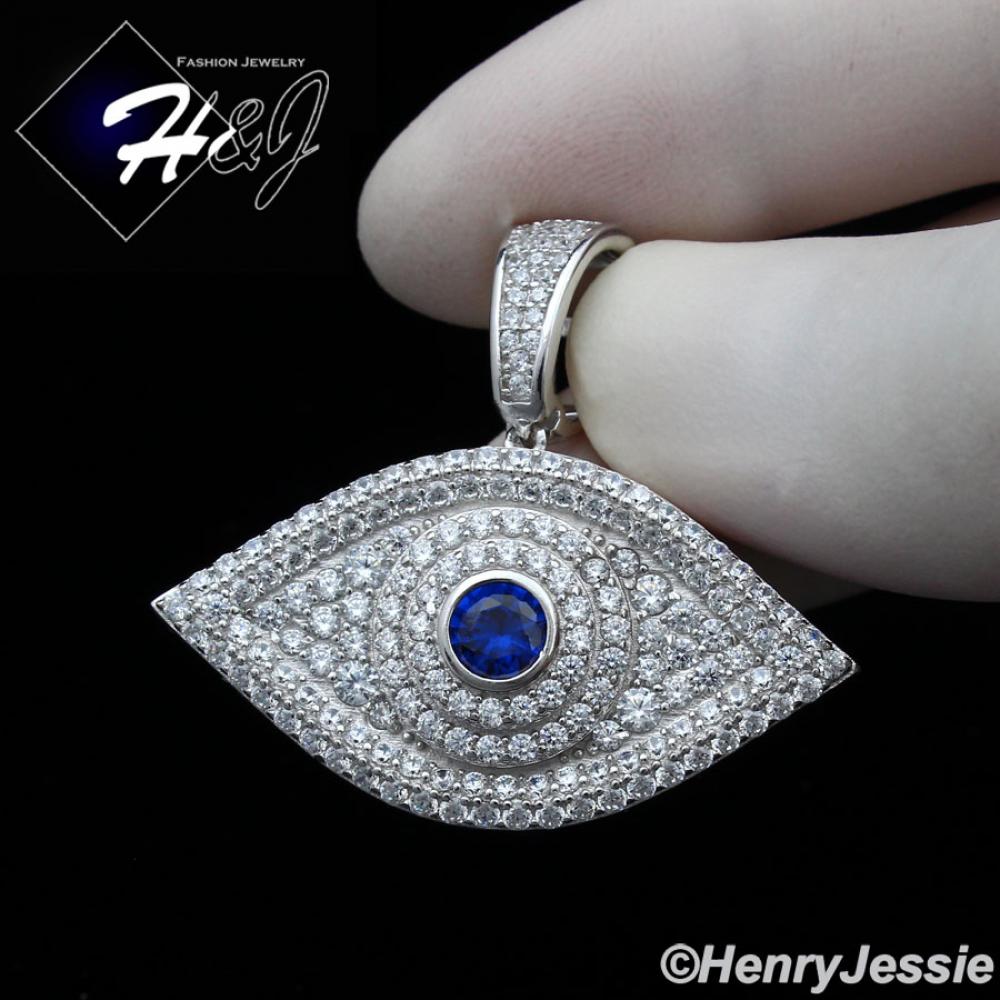 MEN WOMEN 925 STERLING SILVER ICY DIAMOND BLUE 3D EVIL EYE SILVER PENDANT*SP338