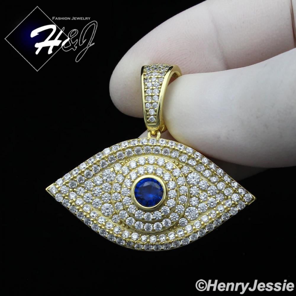 MEN WOMEN 925 STERLING SILVER ICY DIAMOND BLUE 3D EVIL EYE GOLD PENDANT*GP338