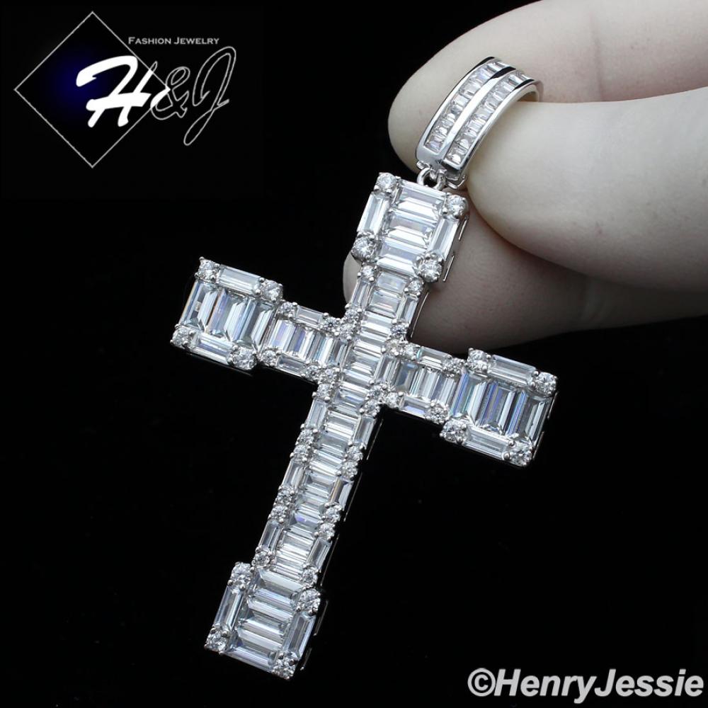 MEN 925 STERLING SILVER ICY BAGUETTE DIAMOND SILVER 3D CROSS CHARM PENDANT*SP340