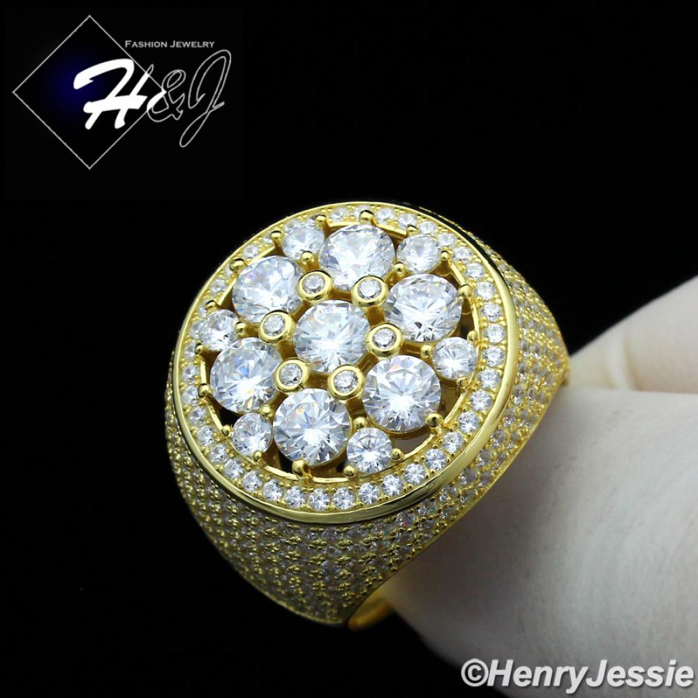 MEN 925 STERLING SILVER LAB DIAMOND ICED BLING 3D GOLD ROUND RING*SR157