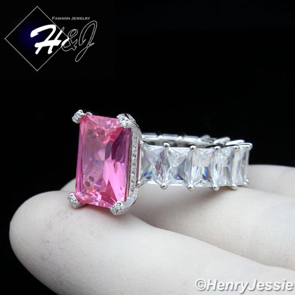 WOMEN 925 STERLING SILVER ICY FULL DIAMOND PINK RECTANGLE ENGAGEMENT RING*SPR162