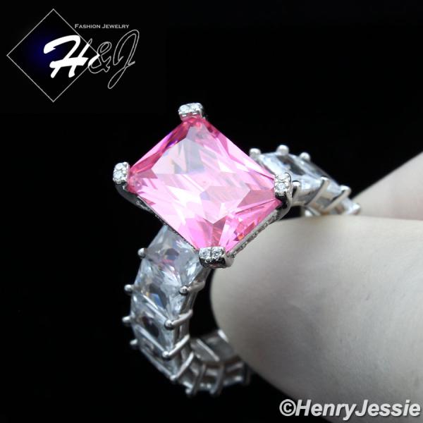 WOMEN 925 STERLING SILVER ICY FULL DIAMOND PINK RECTANGLE ENGAGEMENT RING*SPR162