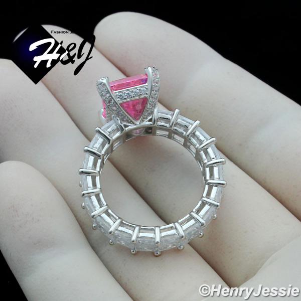 WOMEN 925 STERLING SILVER ICY FULL DIAMOND PINK RECTANGLE ENGAGEMENT RING*SPR162