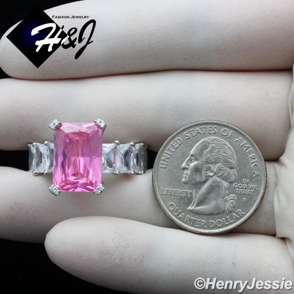WOMEN 925 STERLING SILVER ICY FULL DIAMOND PINK RECTANGLE ENGAGEMENT RING*SPR162