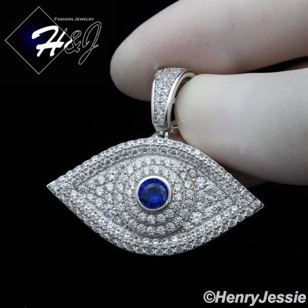 MEN WOMEN 925 STERLING SILVER ICY DIAMOND BLUE 3D EVIL EYE SILVER PENDANT*SP338