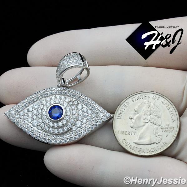 MEN WOMEN 925 STERLING SILVER ICY DIAMOND BLUE 3D EVIL EYE SILVER PENDANT*SP338