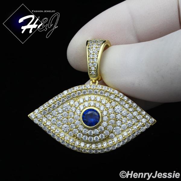 MEN WOMEN 925 STERLING SILVER ICY DIAMOND BLUE 3D EVIL EYE GOLD PENDANT*GP338