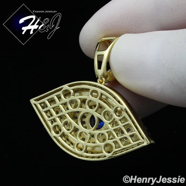 MEN WOMEN 925 STERLING SILVER ICY DIAMOND BLUE 3D EVIL EYE GOLD PENDANT*GP338