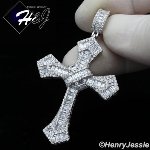 MEN 925 STERLING SILVER ICY BAGUETTE DIAMOND SILVER CROSS CHARM PENDANT*SP313