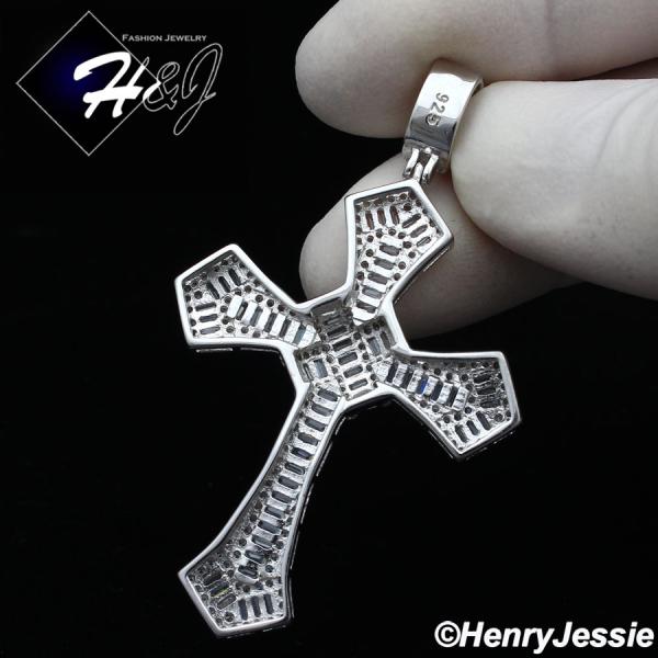 MEN 925 STERLING SILVER ICY BAGUETTE DIAMOND SILVER CROSS CHARM PENDANT*SP313