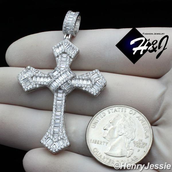 MEN 925 STERLING SILVER ICY BAGUETTE DIAMOND SILVER CROSS CHARM PENDANT*SP313